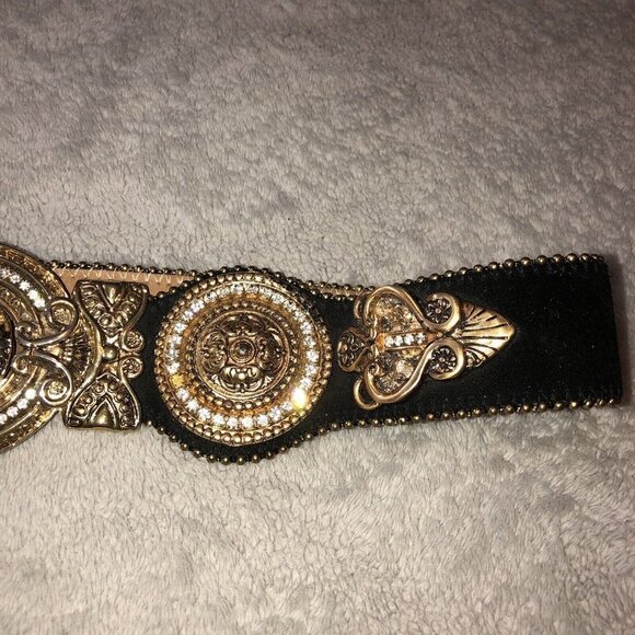 Vintage IBEL Italy Black Suede Adjustable Gold Buckle Details Jewels Waist - Picture 4 of 11
